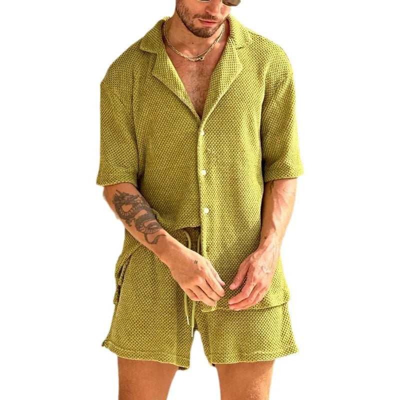 FORUWISH  - Summer Breathable Knitted Set Casual Button Lapel Shirt Top and Drawstring Shorts Suit Spring Loose Men's Home Outfits