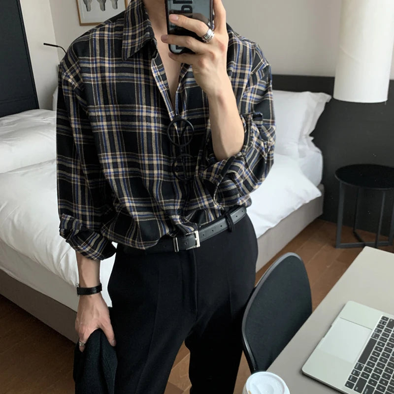 Men Casual Plaid Shirts Single Breasted Long Sleeve Loose Blouse Male Korean Chic Streetwear Fashion All-match Outwear BF