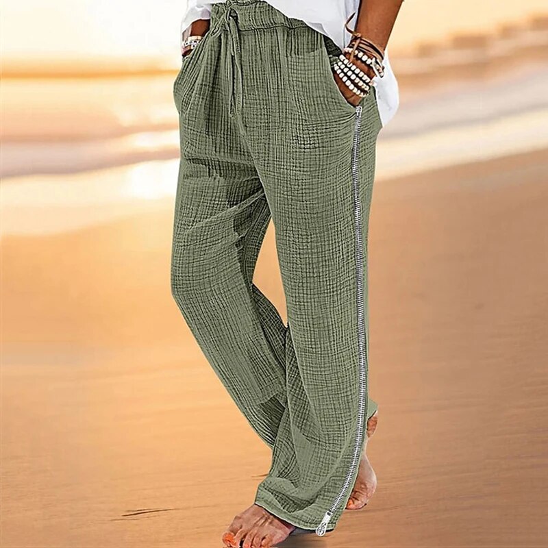 Bohemian Style Casual Pants Men Vintage Pleated Cotton Linen Thin Trousers Fall Mens Clothing Fashion Side Zip-up Straight Pants