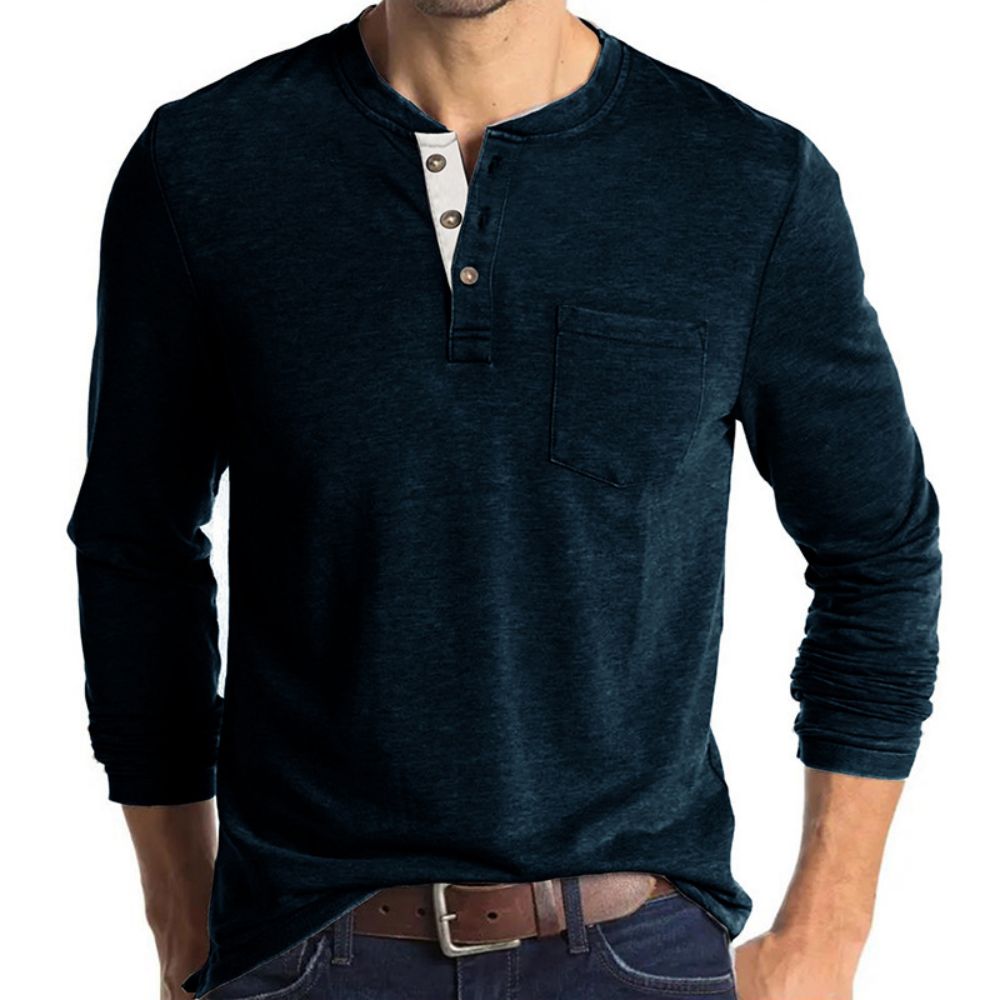 Men's Henley Collar Long Sleeved T-shirts Solid Casual Top Single Breasted Pocket TShirt Soft Comfy Bottoming Shirt for Autumn