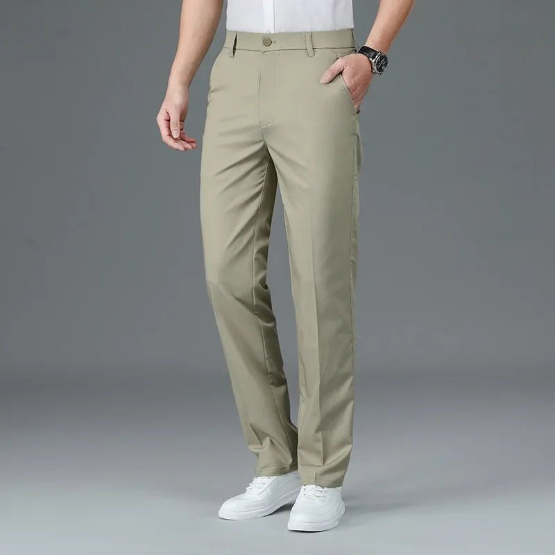 FORUWISH  -  Summer Elastic Men's Casual Straight-Leg Pants Loose-Fit Versatile Middle-Age Business Trousers Youth Formal Suit Pants