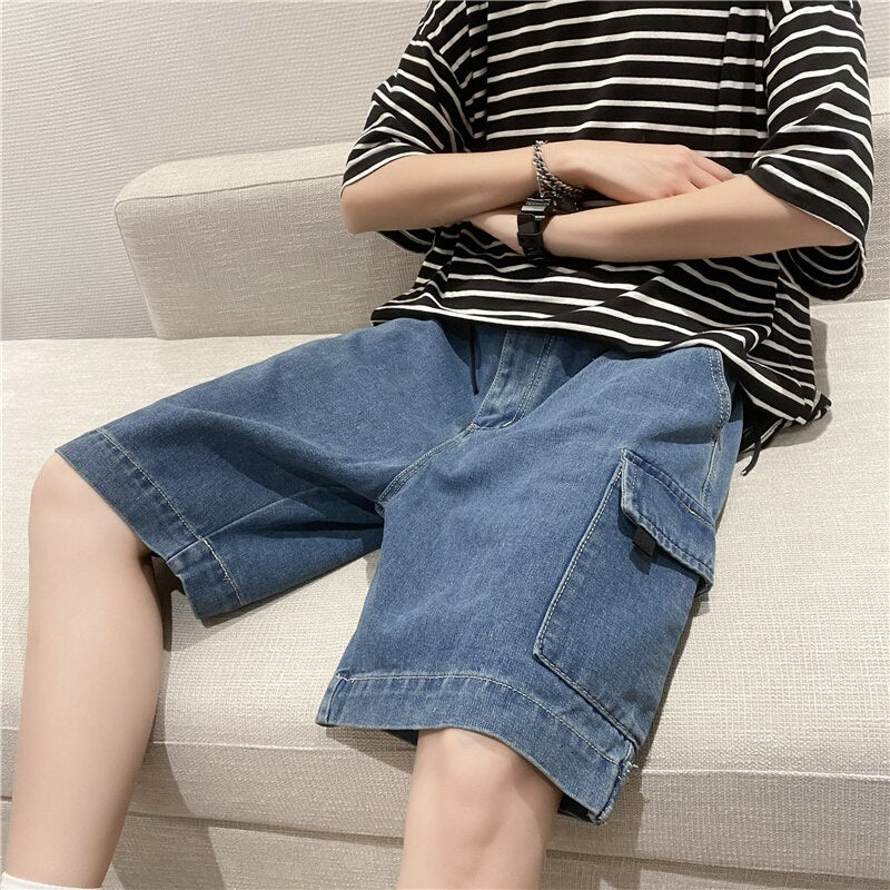 Shorts Men Loose Simple All-match Cargo Knee-length Denim Casual Pockets Fashion Harajuku Design High Waist Zipper Minimalist