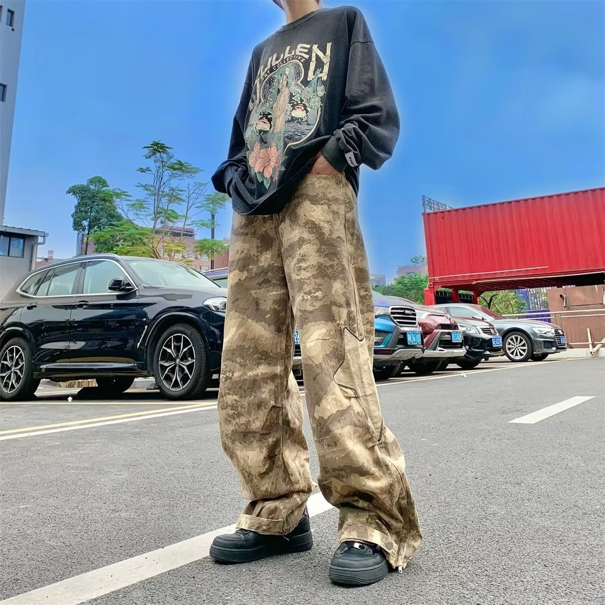 loose straight wide leg baggy camo army pants men's trend handsome versatile original pants japanese streetwear 2023 trousers