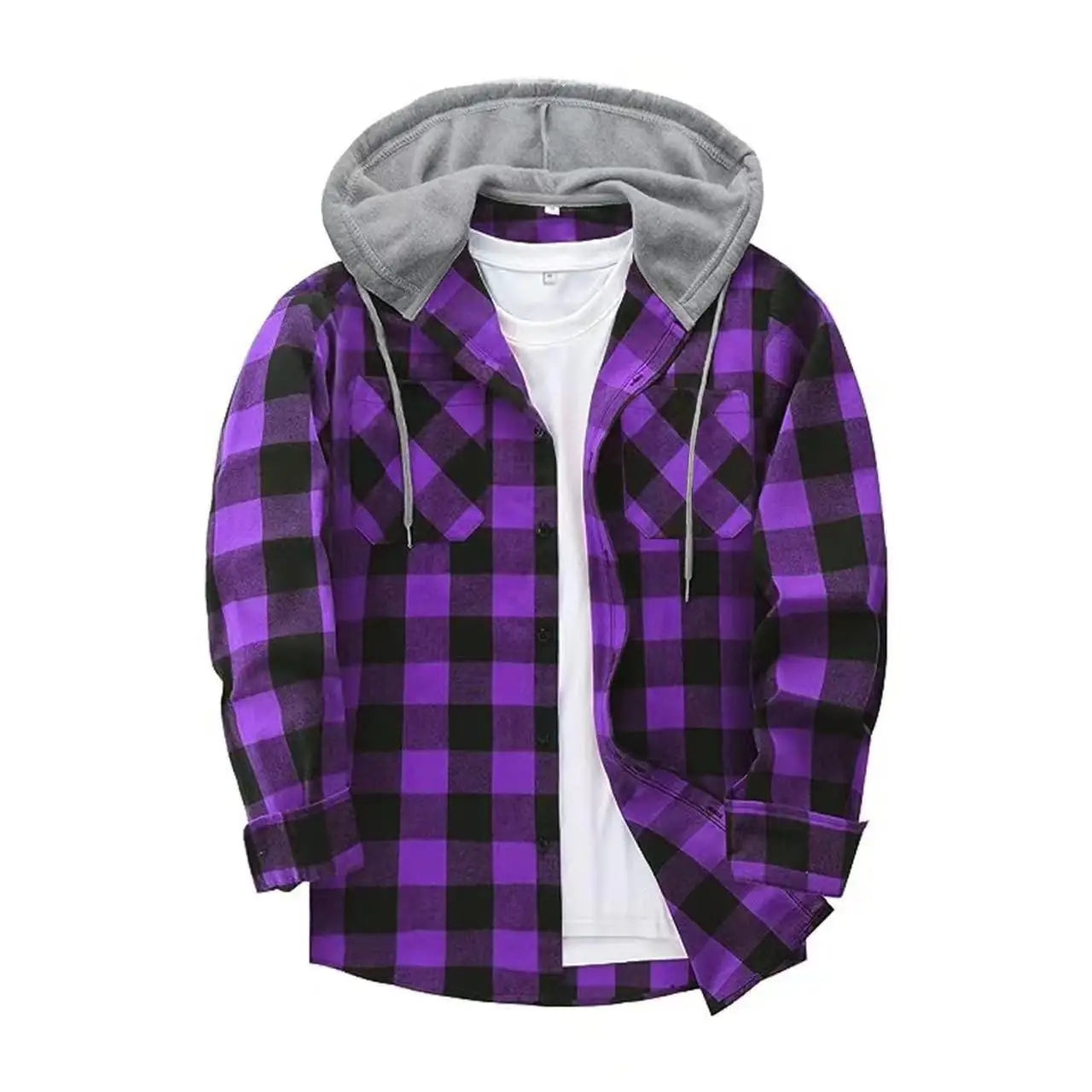 FORUWISH  - Men's Shirts Classic Plaid Casual Button Down Hooded Long Sleeved Double Pockets Shirt Hoodie Flannel Jacket Spring Autumn Tops