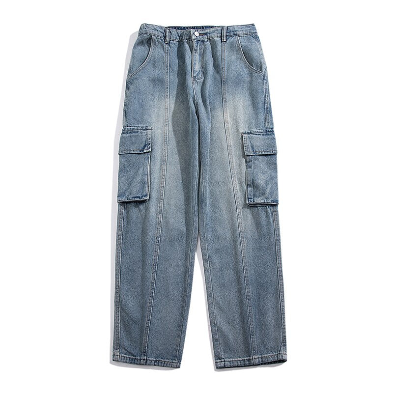 2023 Spring New Cargo Jeans Men's Baggy Big Pocket Denim Pants Street Fashion Casual Korean Wide Leg Trousers Streetwear