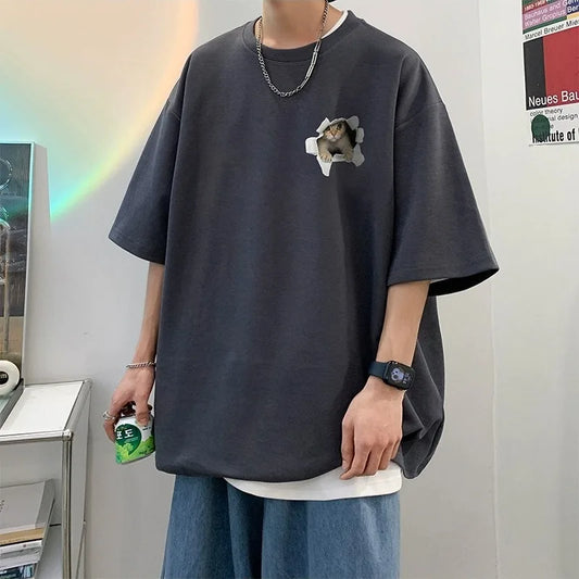 T-shirts Men Clothing Fashion Cat American High Street Loose Summer Breathable Y2k Top Harajuku Couples Teens Youthful Youthful