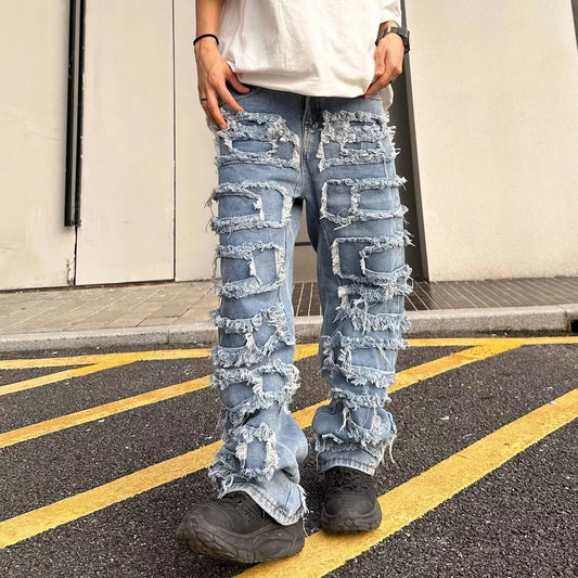 Individualized Patch Jeans Men and Women's American High Street Hip-hop Fried Street Beggar Pants Blue Loose Small Crowd Mopping