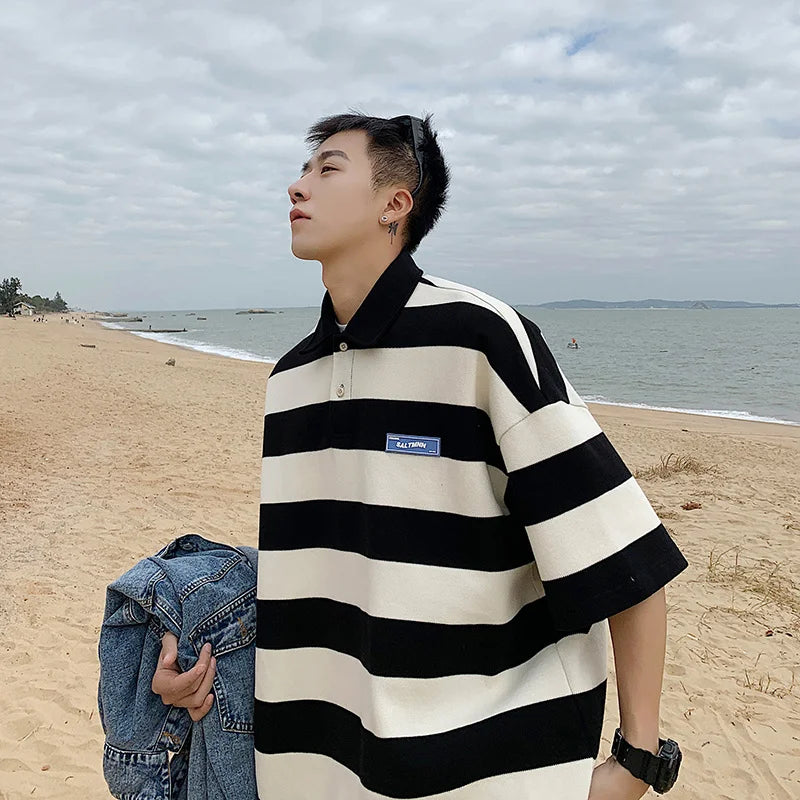 Striped Short Sleeve T-shirt Men's Summer Fashion Brand Versatile Loose Polo Ins Trendy Harbor Style Label Lapel Upper Garment