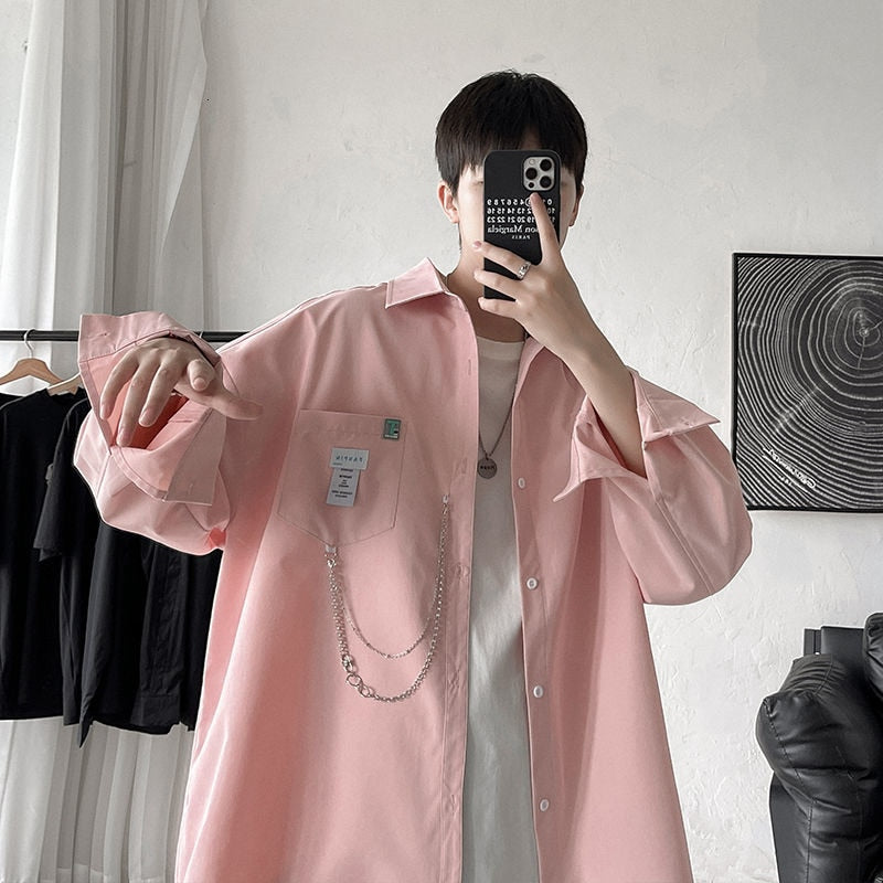 Oversized Shirt For Men Streetwear Long Sleeve Harajuku Chain Fashion Men's Shirts Korean Clothes Branded Men's Clothing