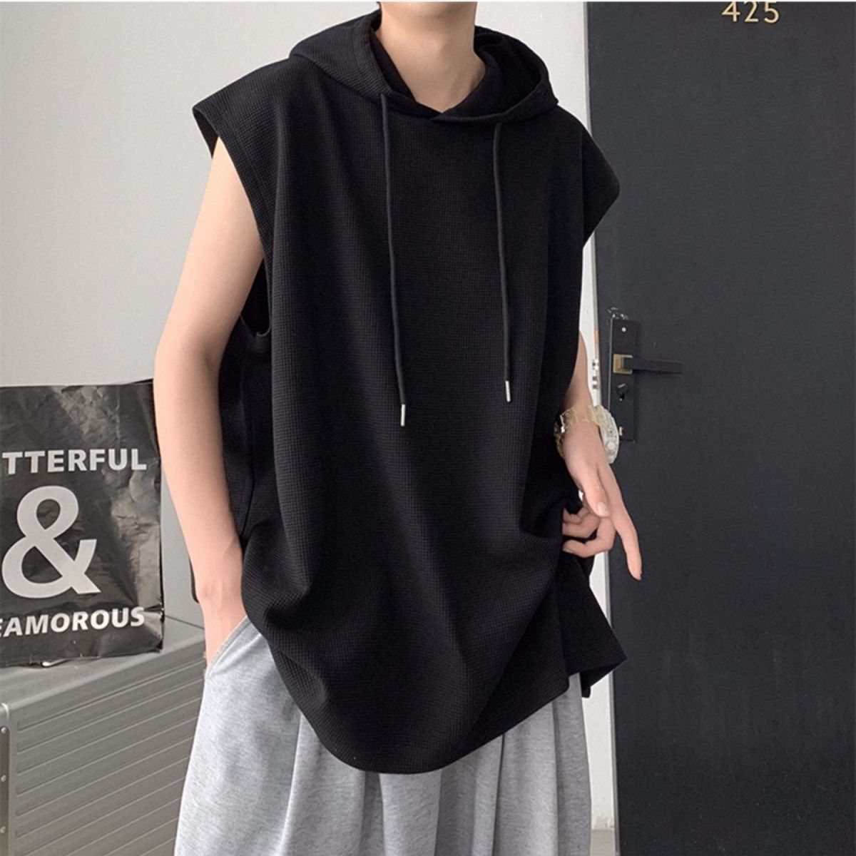 Summer Casual Pullover Shirt Tess Vest Men's Loose Cool Boy Versatile Sports Tops Solid Print Waffle Sleeveless Vest Hoodie