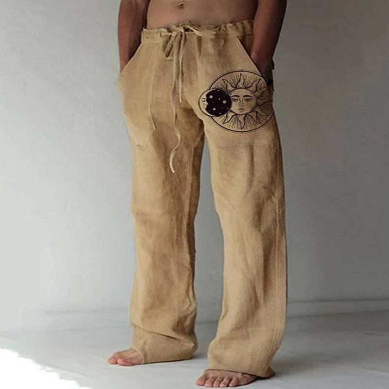 Men'S Summer Loose Casual Pants Daily Wear Solid Full Length Soft Linen Pants Mid Waist Pocket Drawstring Trousers Streetwear