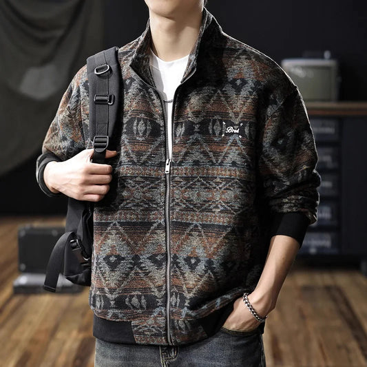 FORUWISH  -  GuoTrendyVintage Woolen Jacket For Men 2024 Autumn/Winter New Arrival Thickened Jacquard Knitted Cardigan Stand Collar Sweater