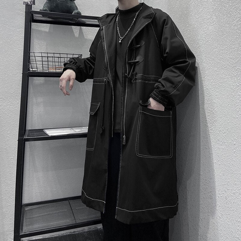 Trench Men Big Pockets Solid Oversize Leisure Teens Long Jacket Duffle Coat Stylish Outwear Hombre Korean Style BF