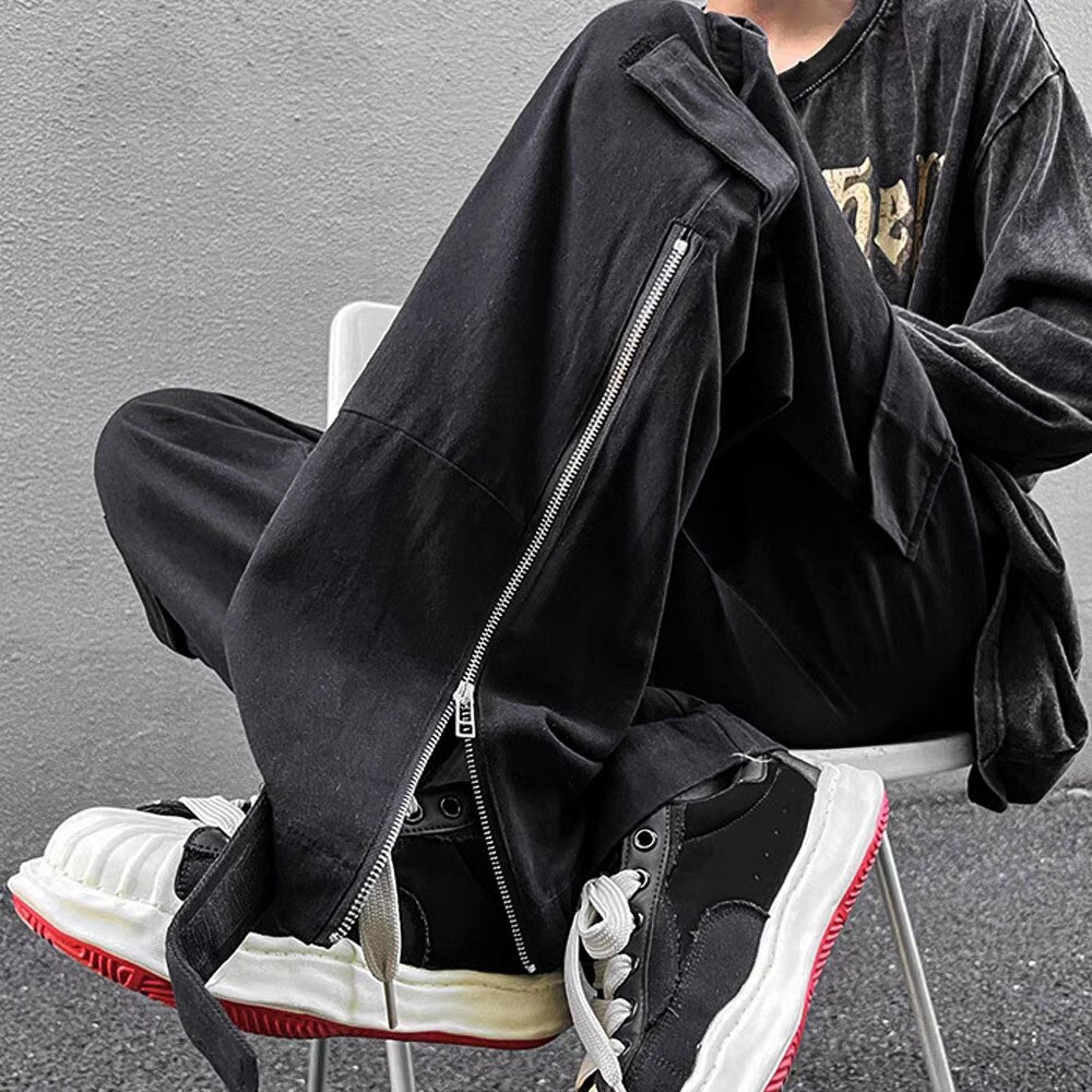 Men's White Y2K Cargo Pants Trousers Pocket Zipper Techwear Baggy Wide Leg Pants Overalls Streetwear Hip Hop bomber Sweatpants