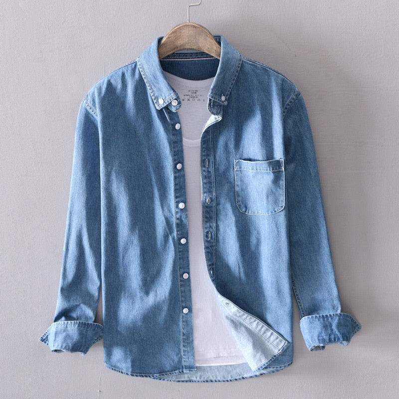 Japanese Korean Trend Long-sleeved Retro Denim Shirt Men's Fashion Casual All-match Jean Shirt Jacket Male High-end Brand Tops