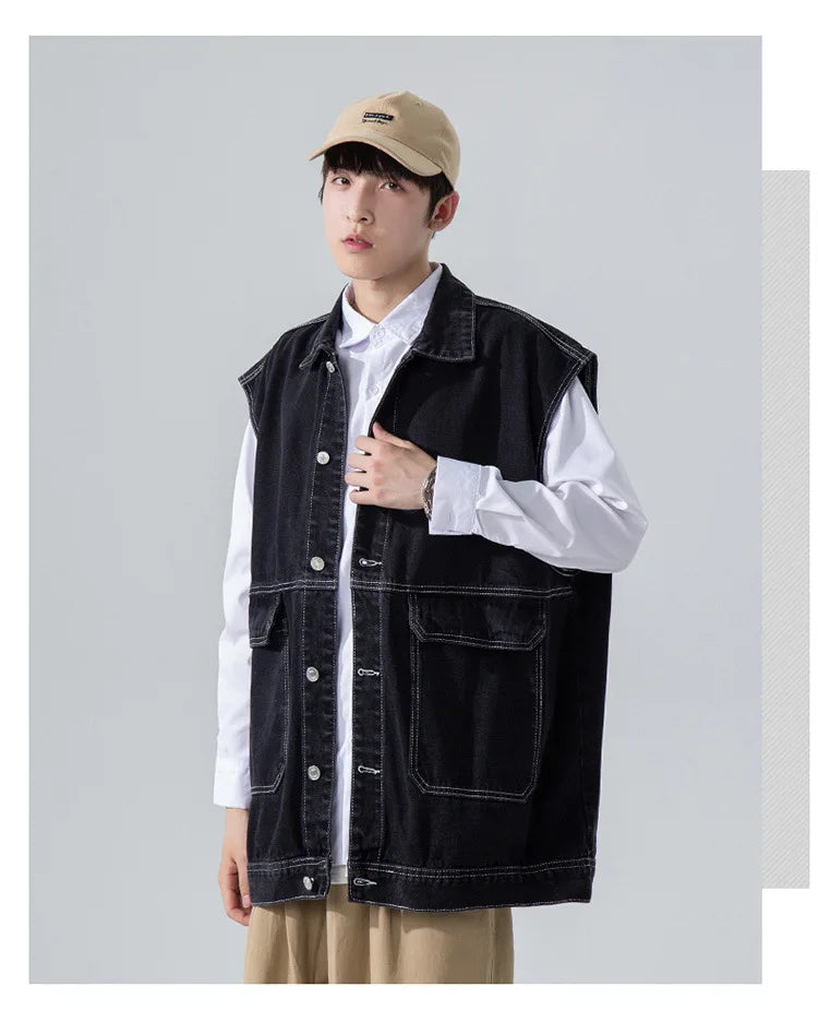 All Season Fashion Men's Solid Pocket Cool Boy Casual Loose Safari Style Tess Button Sleeveless Vest Denim Button Jacket Coat