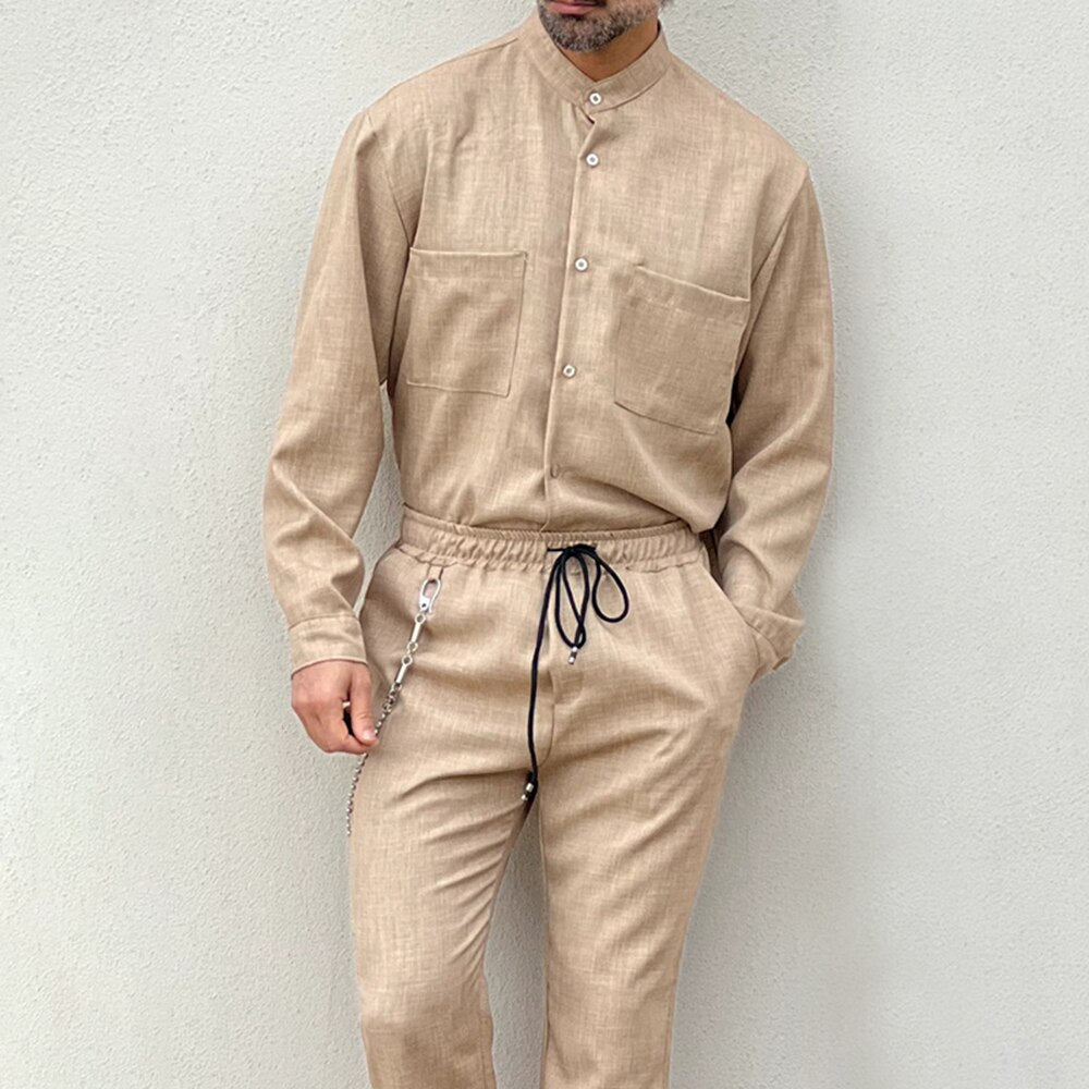 2023 Casual Cotton and Linen Suit Men's Casual Summer Vacation Solid Color Short-sleeved Shirt Straight Trousers Two-piece Set