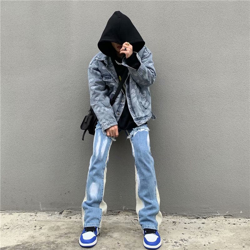 2023 Y2K Patchwork Washed Blue Baggy Flare Jeans Pants Men Clothing Straight Loose Vintage Old Denim Trousers Pantalones Hombre