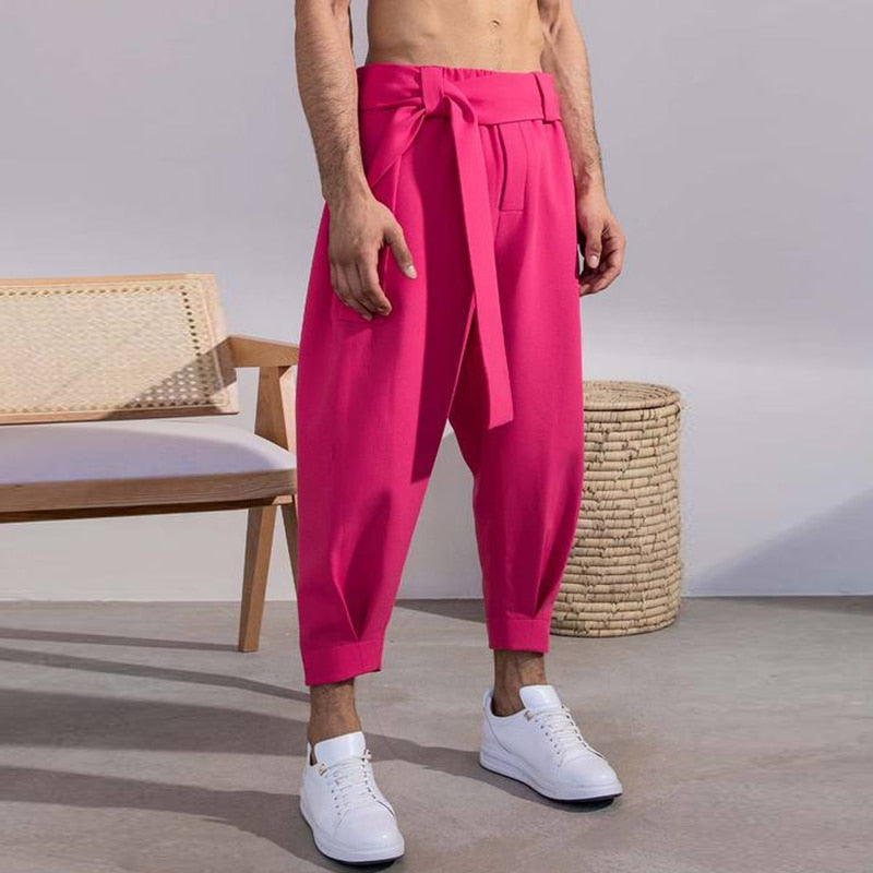 Men's Baggy Pants Casual Streetwear Belt High Quality Pure Color Joggers Fashion Harem Pants 2023 S-3XL