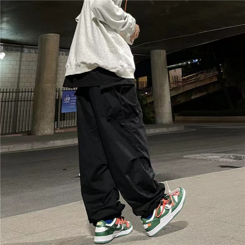 Men's Parachute-Style Hip-hop Street Overalls Oversized Pocket Trousers Harajuku Loose Solid Color Casual Pants Y2K Legged Pants