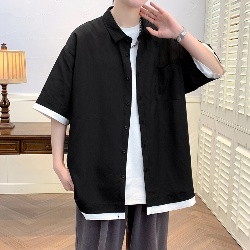 Fake-two Piece Casual Shirts Men Plus Size 5XL Korean Fashion Patchwork Shirt Loose Handsome High Street Blousee