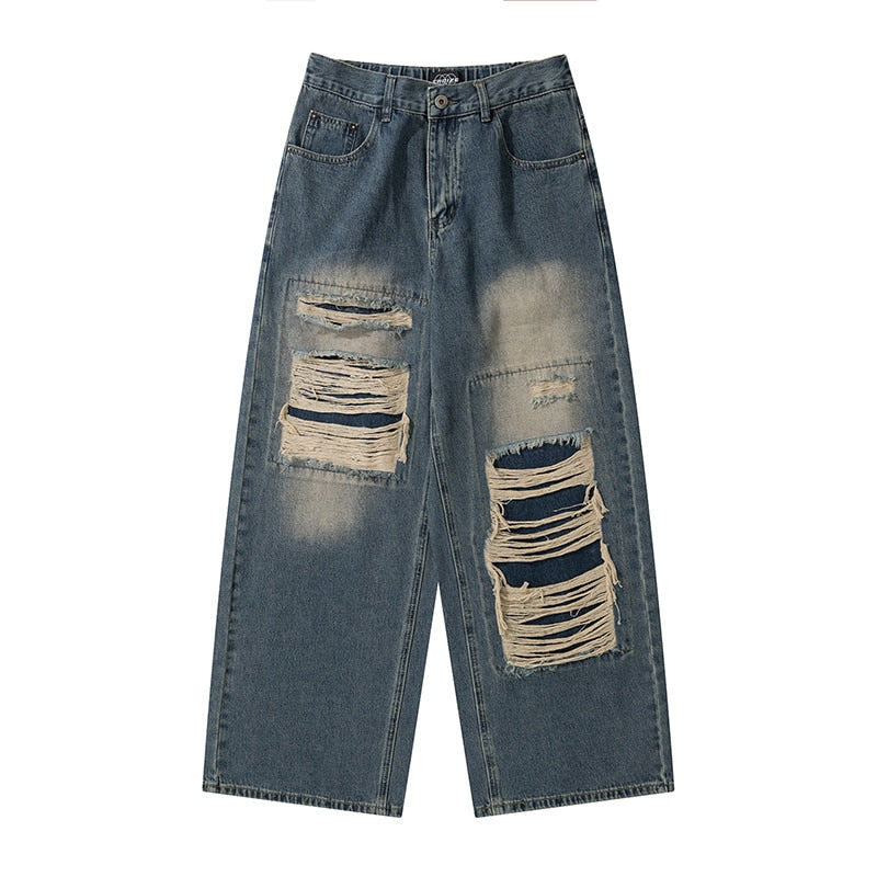 2023 American High end Perforated Denim Pants for Men's Design Sense Small and Loose Wide Leg Straight Leg Pants hiphop