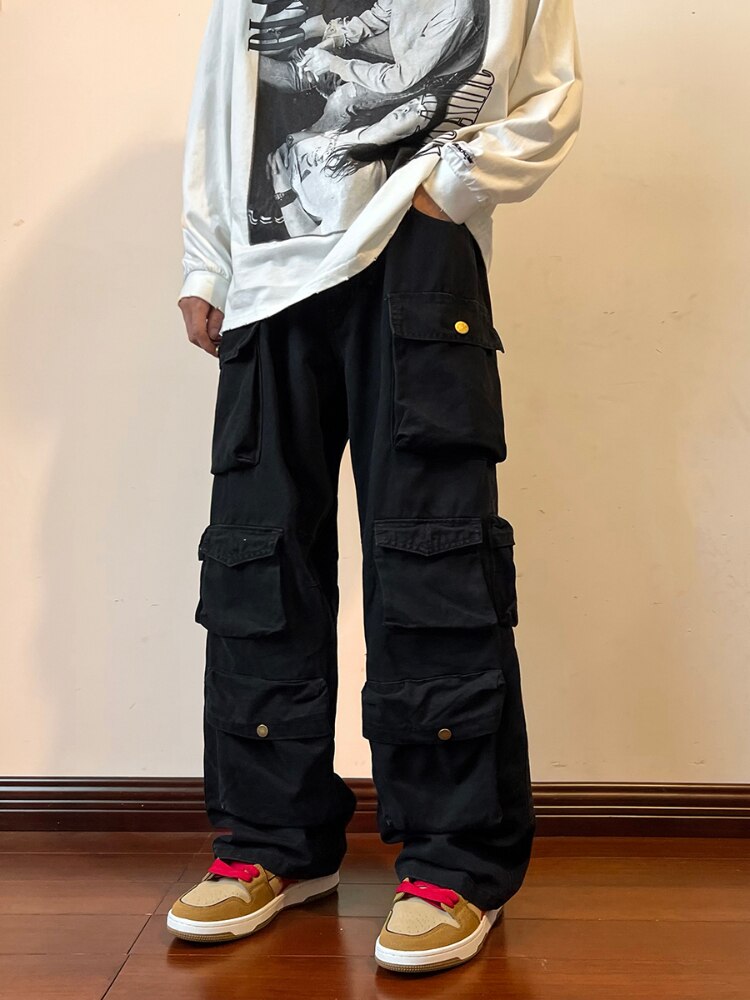 New 2023 Mens Cargo Pants Multi Pockets Harajuku Vintage Loose Wide Leg Streetwear Casual Hip Hop Trousers