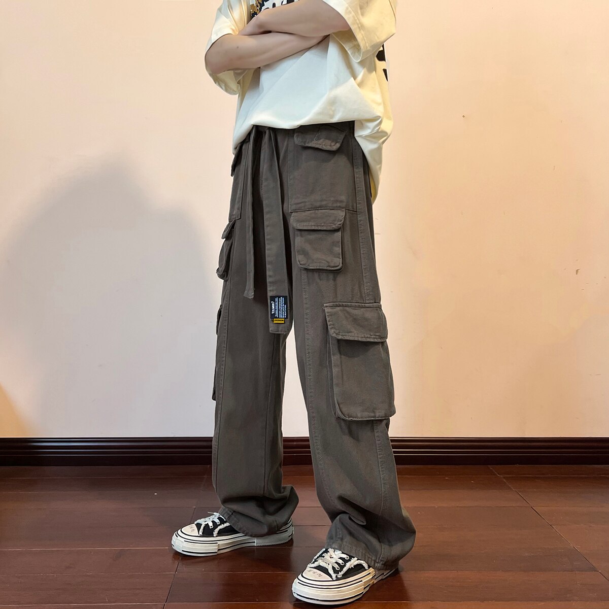 Multi-pockets Casual Hip-hop Cargo Pants Harajuku Men's Fashion Waistband Loose Wide Leg Pants Streetwear Mopping Trousers