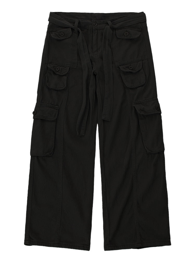 High street retro casual large pocket overalls men's and women's new summer high waist loose straight tube draped wide leg pants