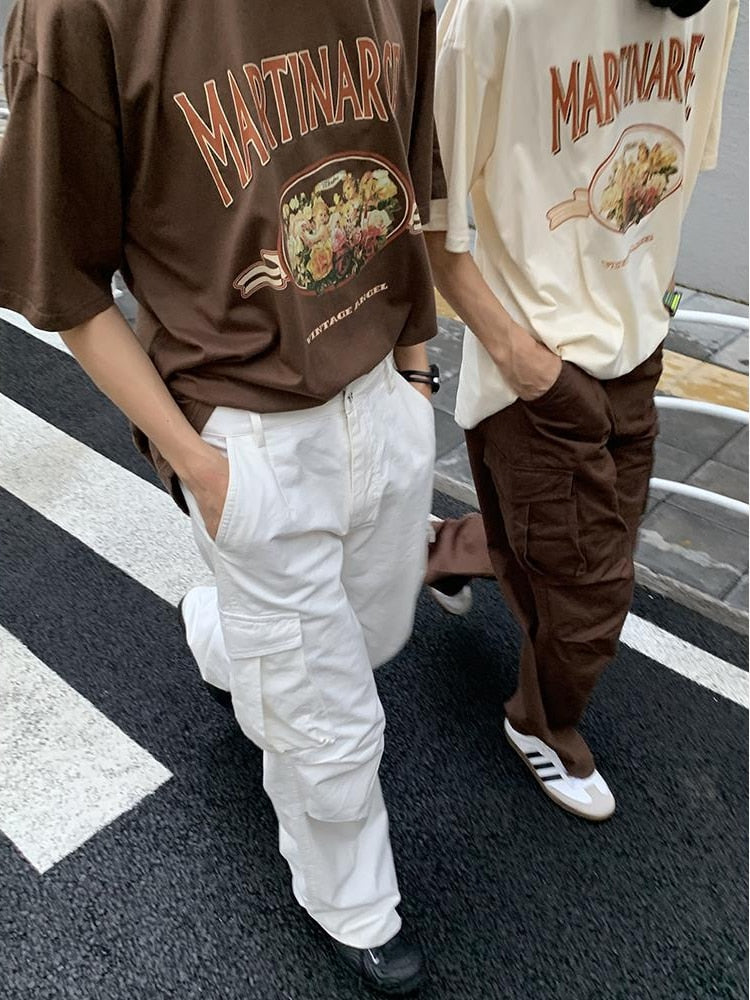 Vintage Classic Korean Style Cargo Pants for Men Big Pocket Casual Loose Trousers Male Brown White Streetwear Hip Hop