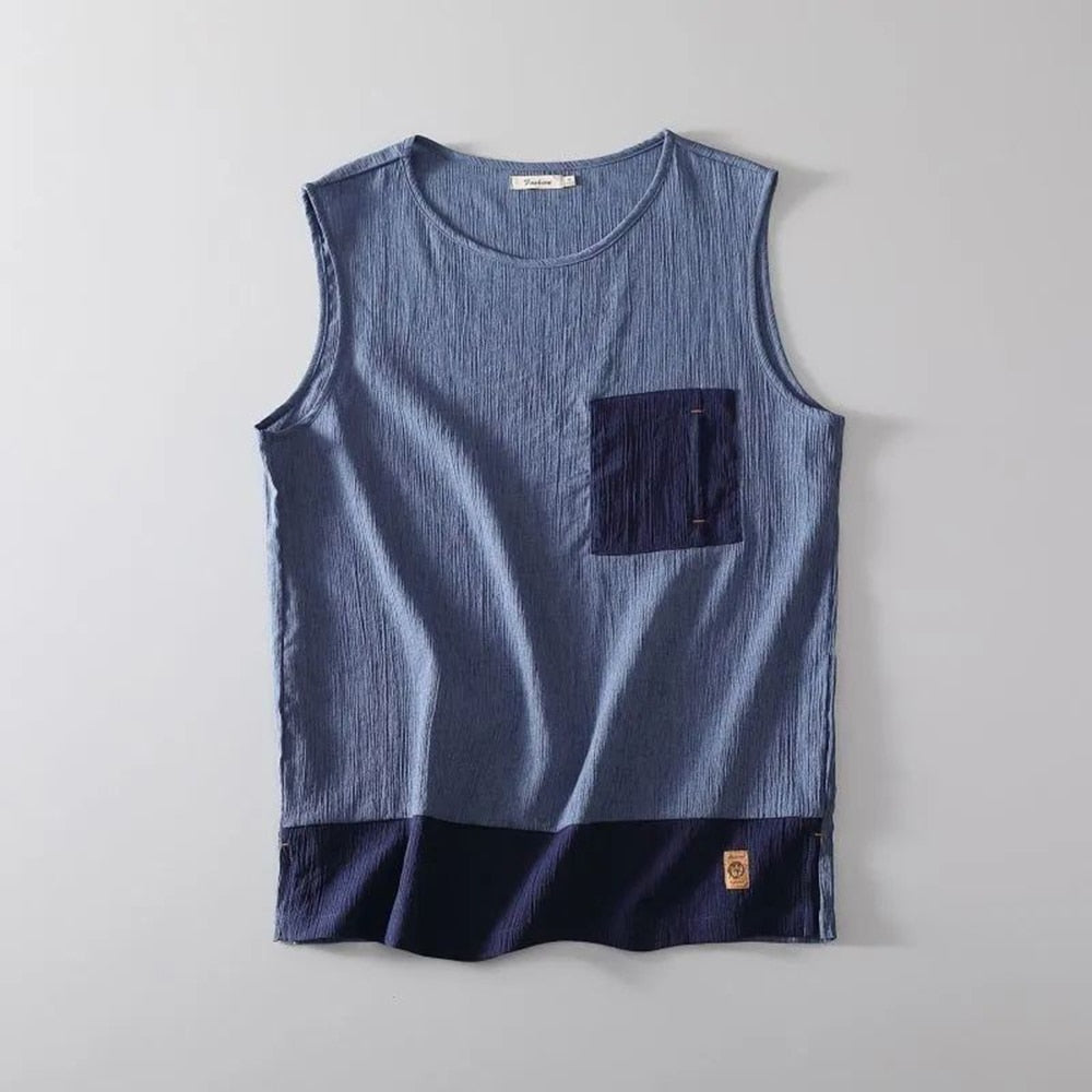 Summer Casual Thin Vest Trend Splicing Vest Sleeveless T-shirt Linen Retro Men's Trendy Round Neck All-match Tops Men's Clothing