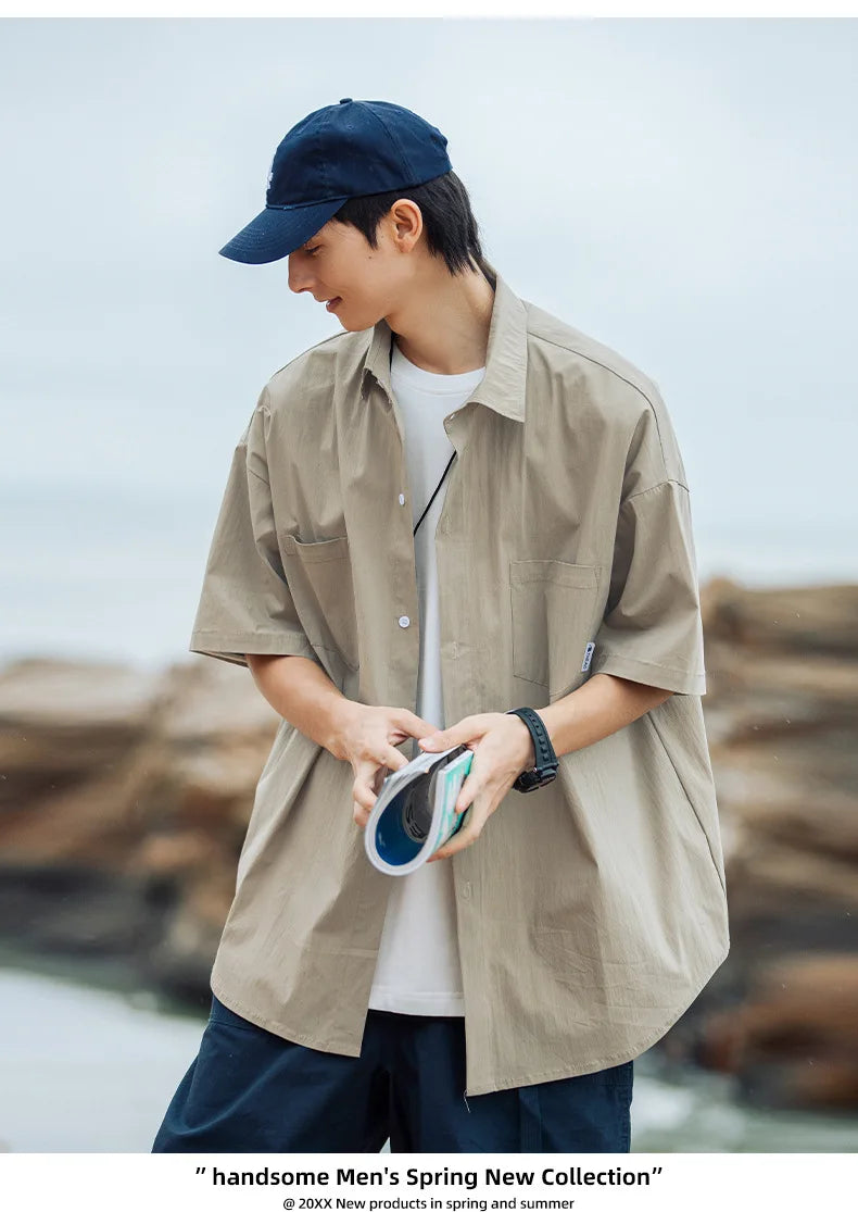 Korean Outdoor Double Pocket Design Short Sleeve Shirt Men Retro Loose Solid Color Simple Casual Tide Japanese Shirt