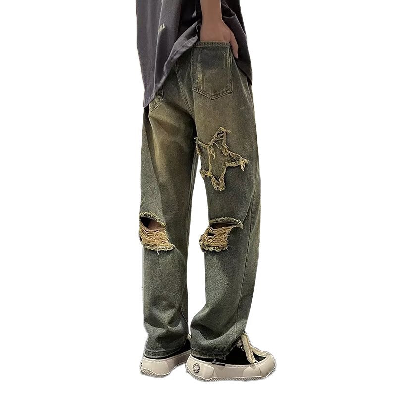 Perforated jeans men's summer thin wide leg high street American style ruffian handsome trendy brand loose straight leg beggar