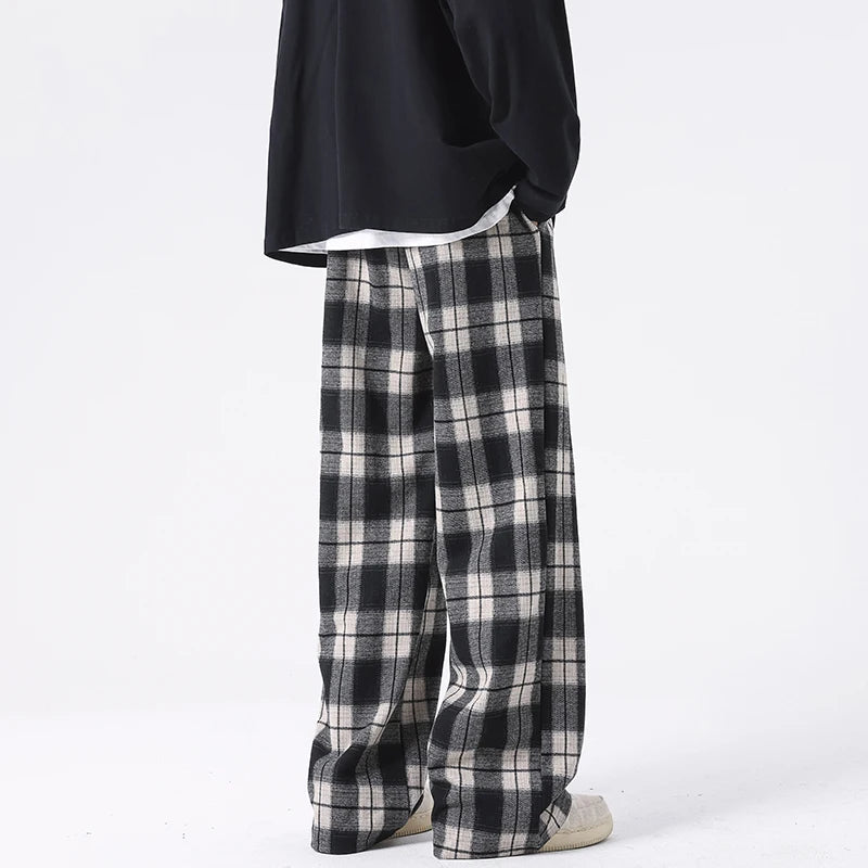 Plus Size Spring Casual Plaid Pants Men Wide Leg Couple Straight Pantalones Harajuku Mopping Oversize 8XL 7XL