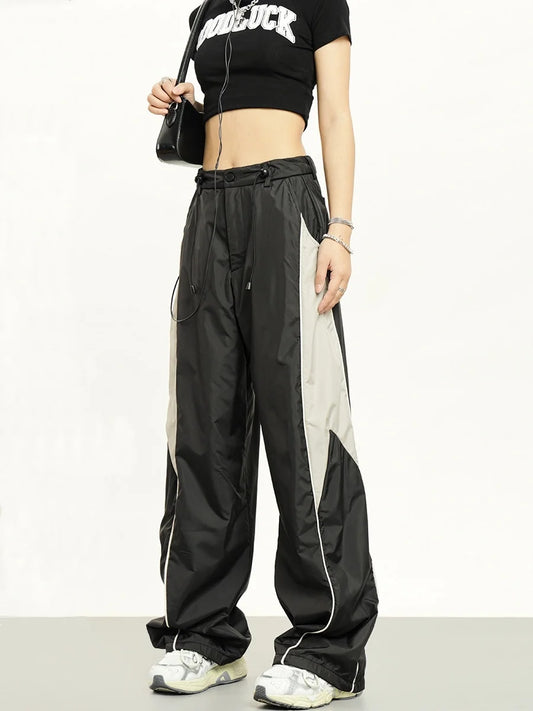 American Style Patchwork Sports Pants, Women's Thin Pants, Niche Design, Casual Pants, Wide Legs, Loose and Draping Pants