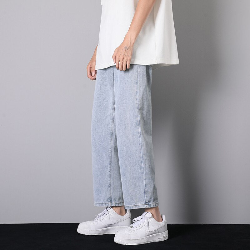 Autumn New Men's Street Loose Jeans Korean Fashion Elastic Waist Design Light Blue Denim Wide-Leg Pants Male Smoke Grey