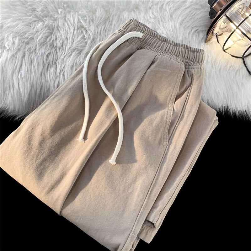 2023 Spring Summer New Men's Solid Color Straight Wide Leg Pants Korean Fashion Casual Elastic Waist Baggy Trousers Male Khaki