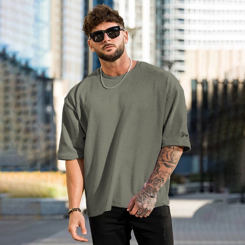 Summer Men's Ribbed T Shirts Fashion Letter Embroidery Loose Short Sleeve Tees 2023 Streetwear Men Clothes Casual Pullover Tops