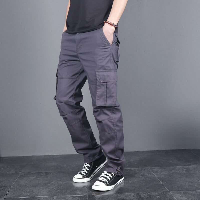 Mens Military Cargo Pants Men Overalls Army Green Gray Cotton Men Loose Multi-Pockets Straight Fit Men's Casual Trousers Homme