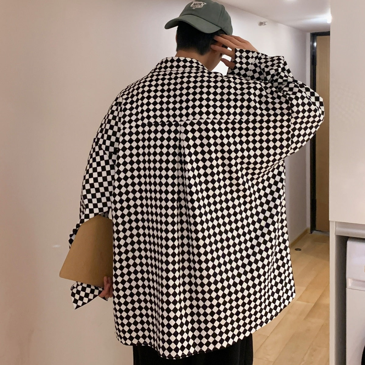 High street ins checkerboard long sleeved shirt men's spring clothes plus fat plus size trendy fat people loose casual coat