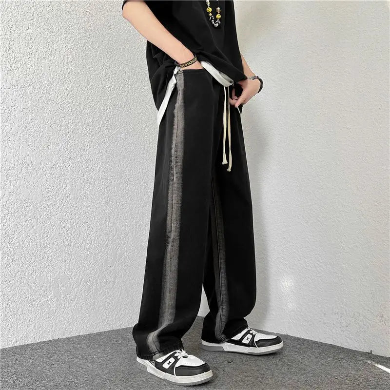 High Street Fashion Trend Men Contrast Jeans Spring Autumn Elastic Waist Drawstring Pocket Casual Loose Straight Versatile Pants