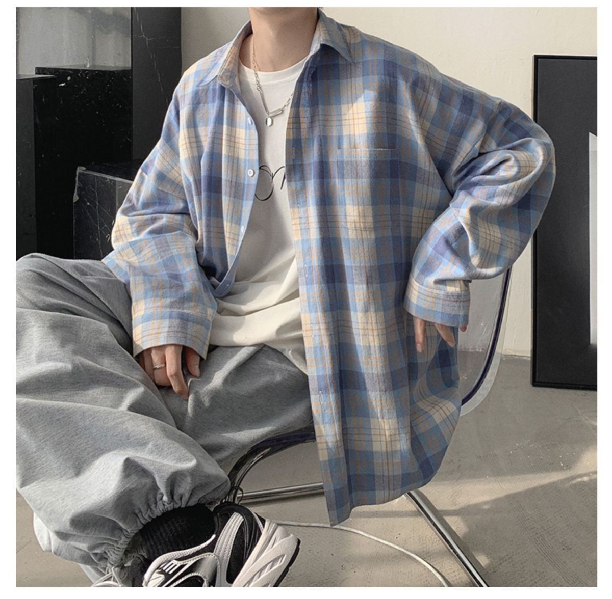 Spring Autumn Men's Casual Loose Versatile Tops Coat Cool Boys Solid Vertical Soft Breathable Plaid Long Sleeve T-Shirt