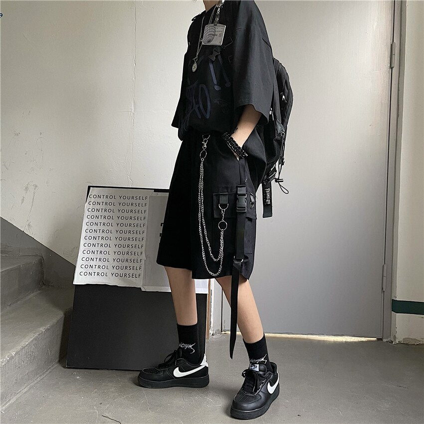 Men's Cargo Shorts Summer Mens Black Ribbons Shorts Hip Hop Chain Streetwear Casual Male Sportswear Shorts Homme Clothing