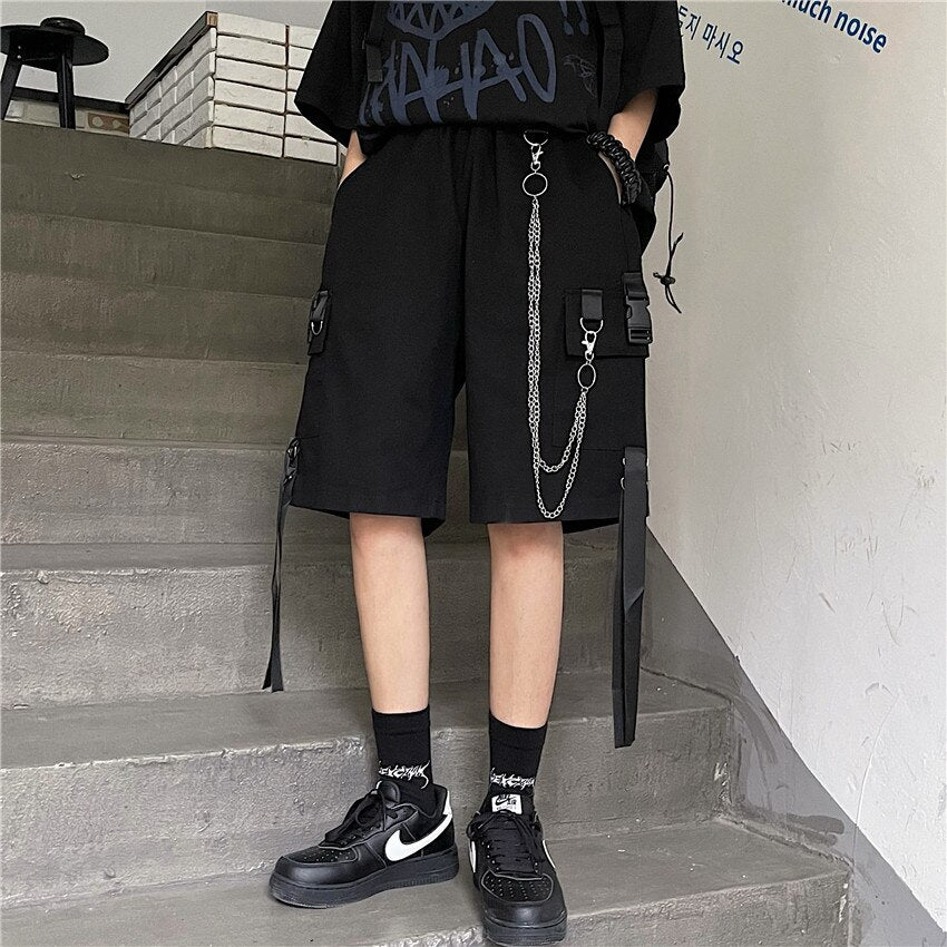 Men's Cargo Shorts Summer Mens Black Ribbons Shorts Hip Hop Chain Streetwear Casual Male Sportswear Shorts Homme Clothing