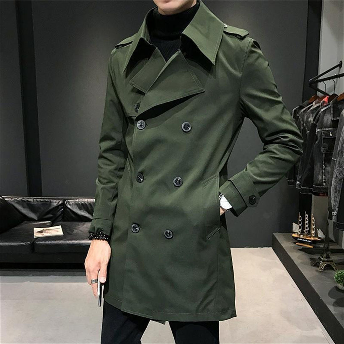 Autumn Winter Men's Jackets Double Breasted Medium-Long Trench Coat Male Solid Color Coats Fashion Windbreaker Outwears K53