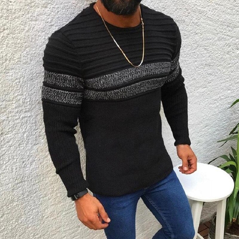 Classic Pleated Crochet Knitting Sweater Men Vintage Striped Jacquard Knit Tops Fall Winter Warm Knitted Bottoming Sweaters Male