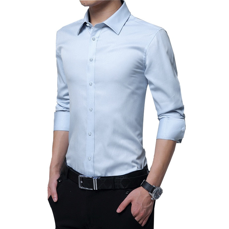 Men Dress Shirt Fashion Long Sleeve Business Social Shirt Male Solid Color Button Down Collar Plus Size Work White Black Shirt