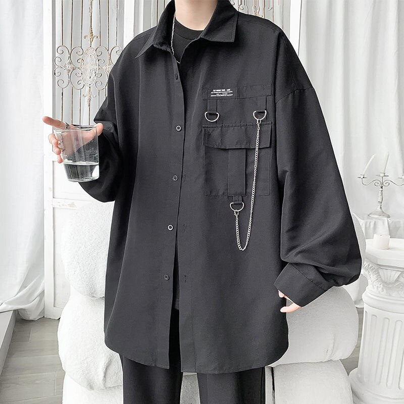 Oversized Shirt For Men Streetwear Long Sleeve Harajuku Chain Fashion Men's Shirts Korean Clothes Branded Men's Clothing