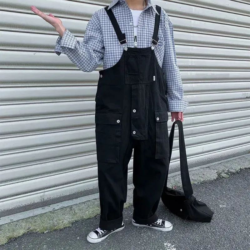 Men Denim Overalls Loose Baggy Street Hip Hop Japanese Style Multi-Pocket Streetwear Work Trousers Cargo Jumpsuit