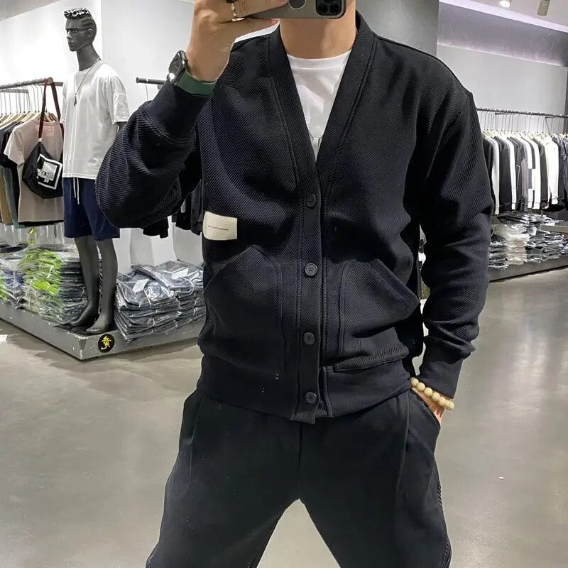 Y2k V-neck Button Sweatshirt Male Cardigan Niche Design 2023 Autumn New Trendy Harajuku Loose Solid Color Sweatshirts Coat